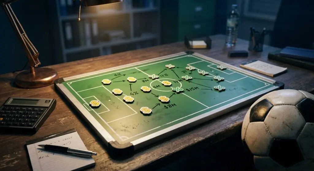 Businessman in suit analyzing financial charts on a football pitch, representing CFO strategy and business lessons from FIFA World Cup 2026