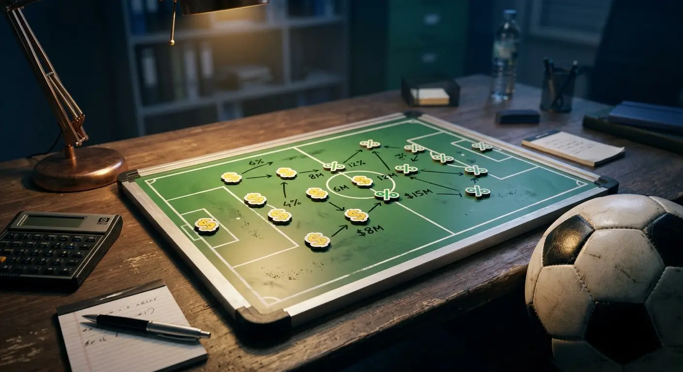 Businessman in suit analyzing financial charts on a football pitch, representing CFO strategy and business lessons from FIFA World Cup 2026