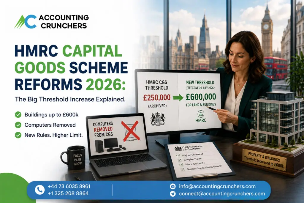 Capital Goods Scheme 2026 reform illustration showing HMRC VAT threshold increasing to £600,000