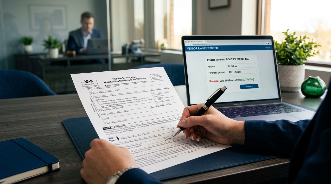 Business owner collecting a Form W-9 from a contractor before the first payment under the 2026 1099 reporting rules
