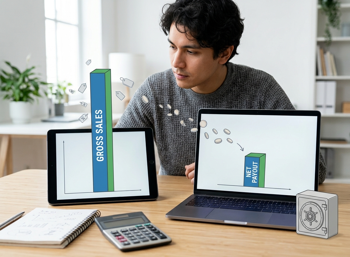 Online seller comparing gross platform sales with net payouts after marketplace fees