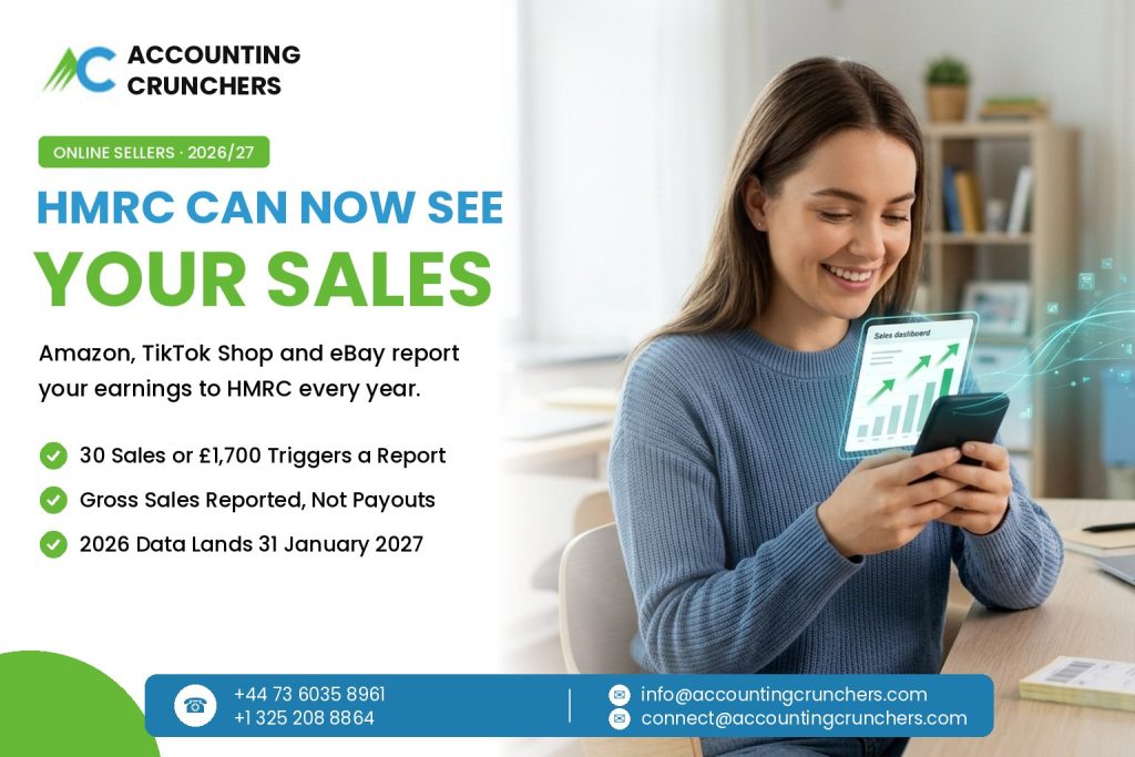 HMRC digital platform reporting guide showing a UK online seller checking Amazon and TikTok Shop sales on her phone
